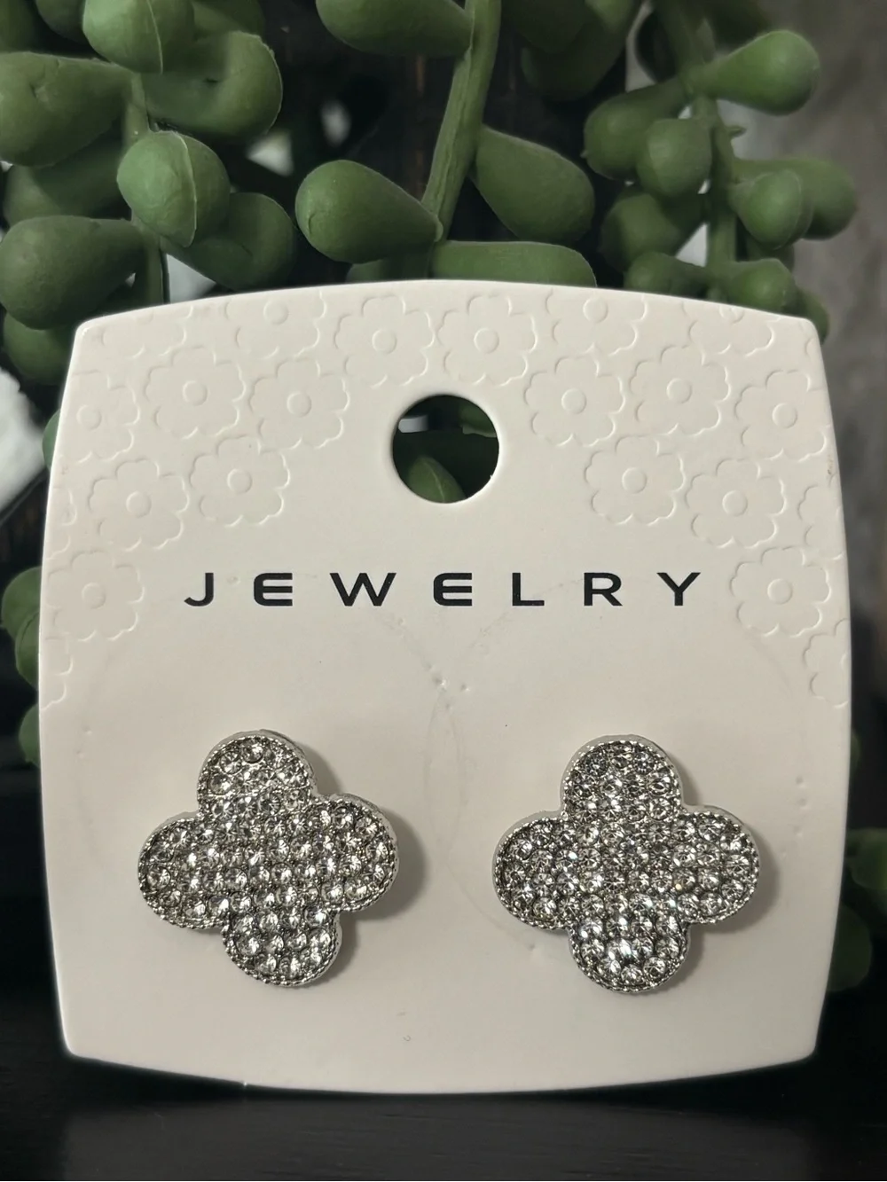 Silver Crystal Clover Stud Earrings